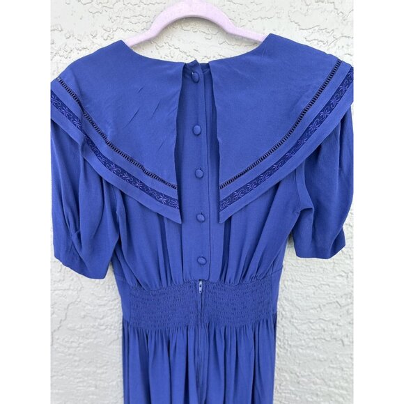 VTG Karin Stevens Blue Yoke Collar Dress  Size 8 Nautical Button Midi Pleated - Picture 8 of 10